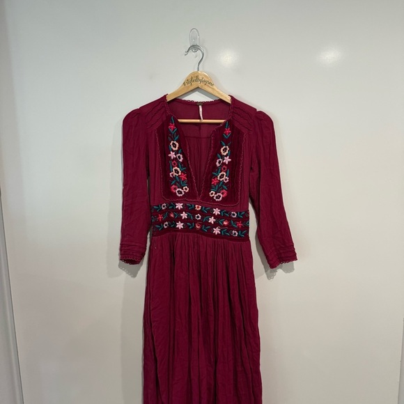 Free People Flora Embroidered Raspberry Magenta Dress Midi - Picture 8 of 14